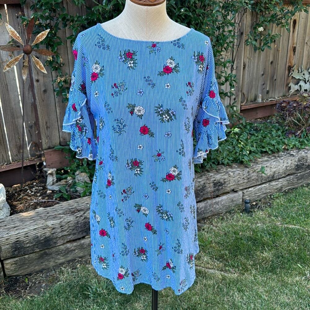 Silver Wishes Striped Floral Mini Dress Short Ruffled Women's size 10